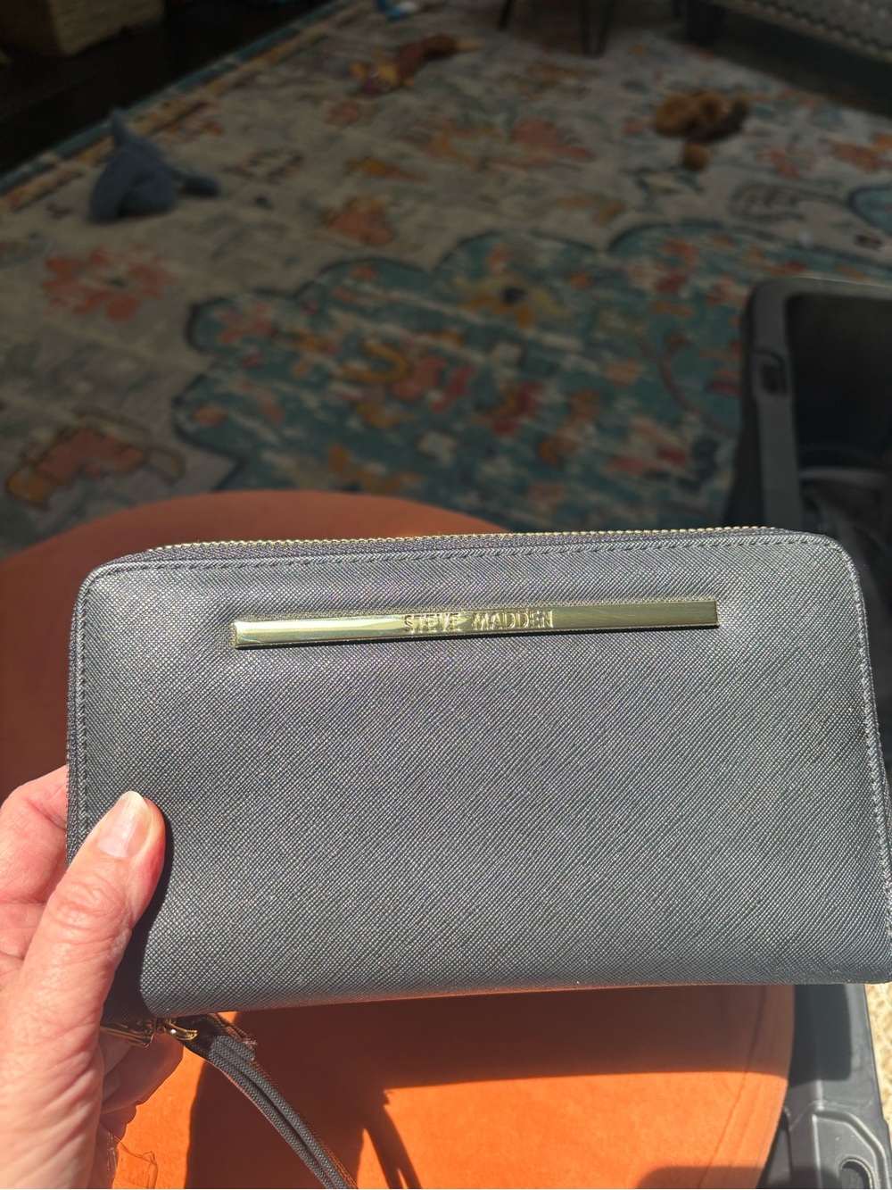 Steve Madden Black Textured Zip Wallet with Gold Bar and Wriststrap